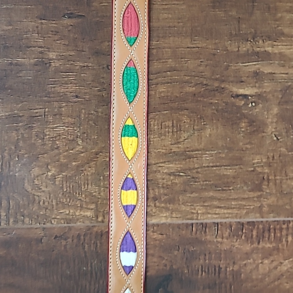 Western Leather Embroidered Belt with Brass Accents Tan, Purple, Yellow, White - Picture 11 of 12